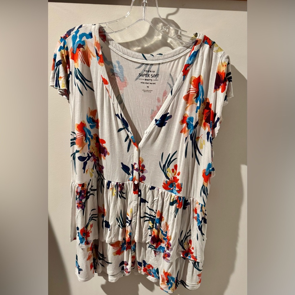 Torrid Cream and Orange Peplum Blouse